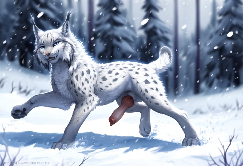 ai_generated anatomically_correct_genitalia canine_penis cookie-girl feral feral_only forest_background looking_at_viewer lynx proud snowy_background white_fur