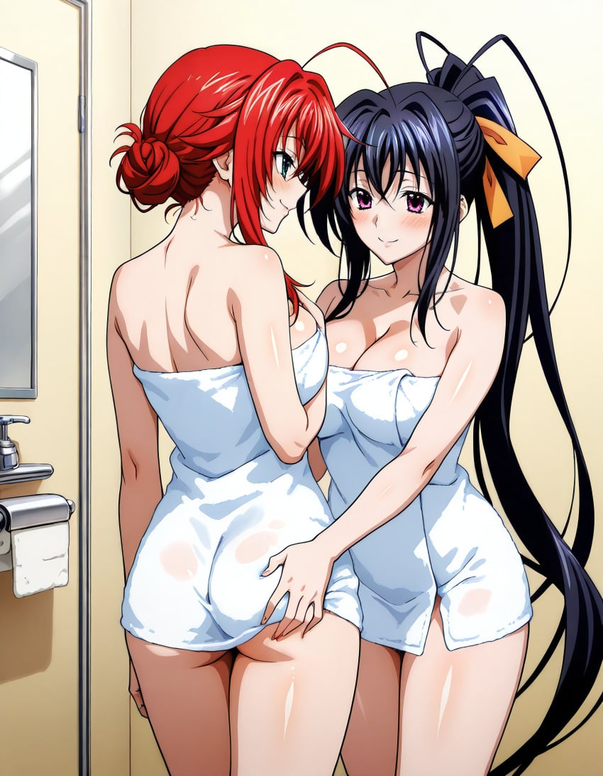 2girls ahoge ai_generated akeno_himejima antenna_hair bathroom big_ass black_hair blue_green_eyes blush couple crimson_hair female_only grabbing_ass hair_ribbon high_school_dxd large_breasts lesbian light_skin looking_at_each_other orange_ribbon ponytail rias_gremory smile towel very_long_hair violet_eyes voluptuous yuri