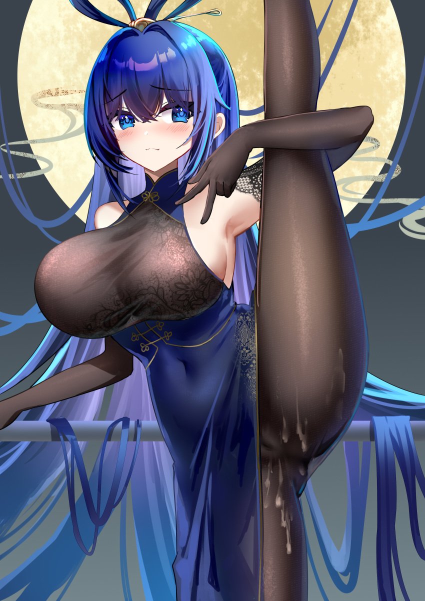 absurdly_long_hair absurdres akusamu azur_lane bare_shoulders black_gloves blue_dress blue_eyes bodystocking breasts cameltoe china_dress chinese_clothes cum cum_on_body cum_on_clothes cum_on_legs dress elbow_gloves feet_out_of_frame female framed_breasts full_moon gloves hair_rings highres large_breasts long_hair looking_at_viewer moon new_jersey_(azur_lane) new_jersey_(dancing_in_the_moonlight)_(azur_lane) official_alternate_costume solo split standing standing_on_one_leg standing_split very_long_hair