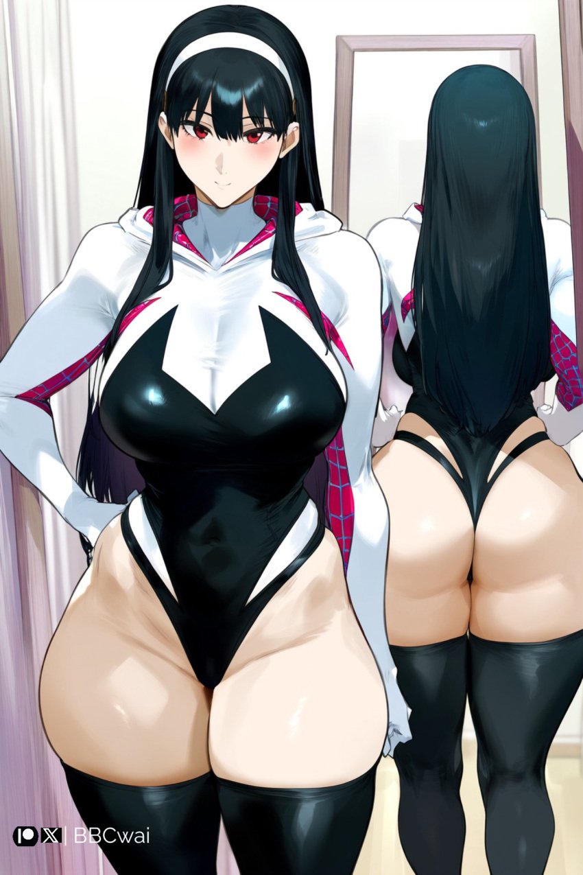 1girls ai_assisted ai_generated bbcwai black_hair cosplay female hi_res huge_ass huge_breasts long_hair mirror pose red_eyes seductive smile smiling smiling_at_viewer solo solo_focus spider-gwen spy_x_family yor_briar yor_forger