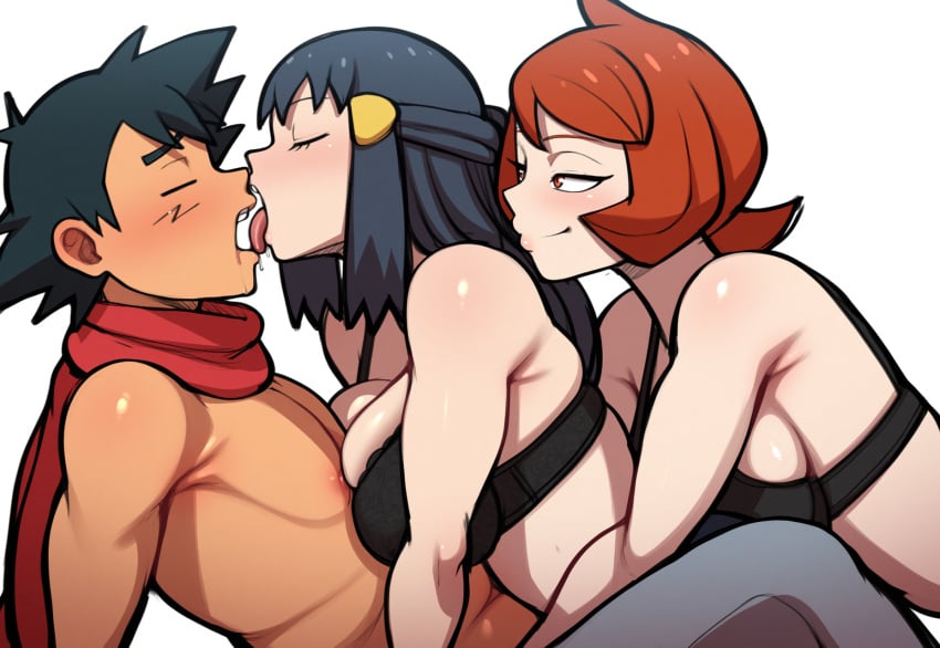 2girls 2girls1boy ai_generated akari_(pokemon) arezu_(pokemon) kissing large_breasts mullon novelai on_back pokemon pokemon_legends:_arceus satoshi_(pokemon) satoshi_(pokemon) threesome trio