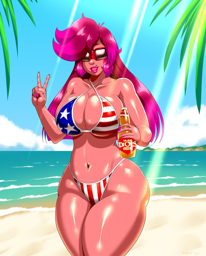 american_flag_bikini american_flag_print beach beer beer_bottle drunk large_breasts speeds swimsuit thick_thighs