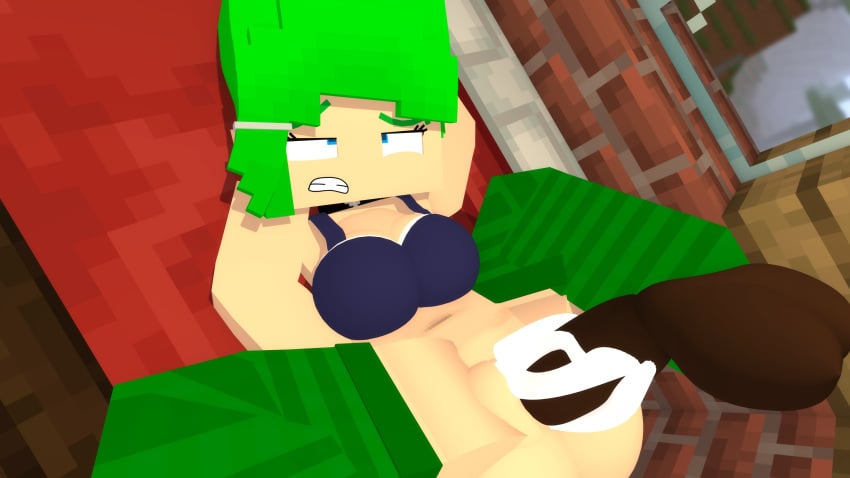 1boy 1girls blue_eyes broken_condom clenched_teeth cum_in_pussy cum_inside faceless_male green_hair green_socks lou_(pearickmc) minecraft necklace open_mouth partially_clothed pearickmc showing_pussy socks spreading stockings stripped_socks thigh_socks thighhighs vaginal_penetration