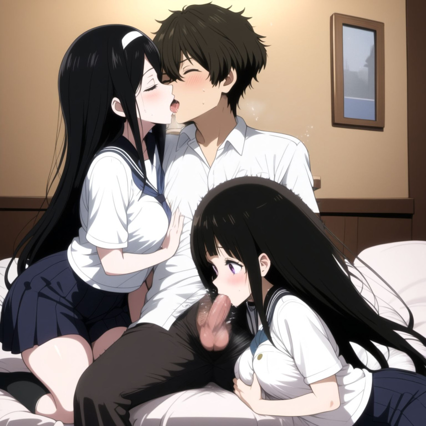 2girls ai_generated chitanda_eru fellatio hyouka irisu_fuyumi kissing oreki_houtarou