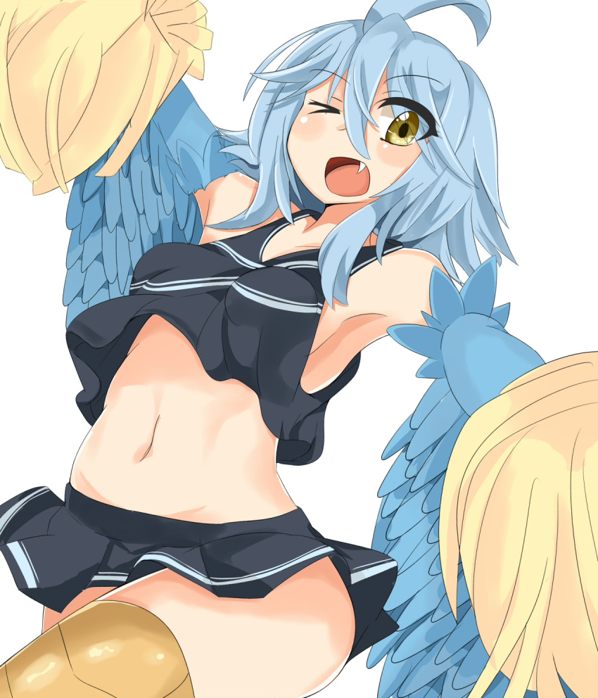 1girls ahoge armpits belly belly_button blue_hair breasts cheerleader clothing cute_fang fang feathered_wings female female_only harpy highres karatakewari miniskirt monster_girl monster_musume_no_iru_nichijou navel open_mouth papi_(monster_musume) pom_poms short_hair simple_background skirt small_breasts solo white_background wings yellow_eyes