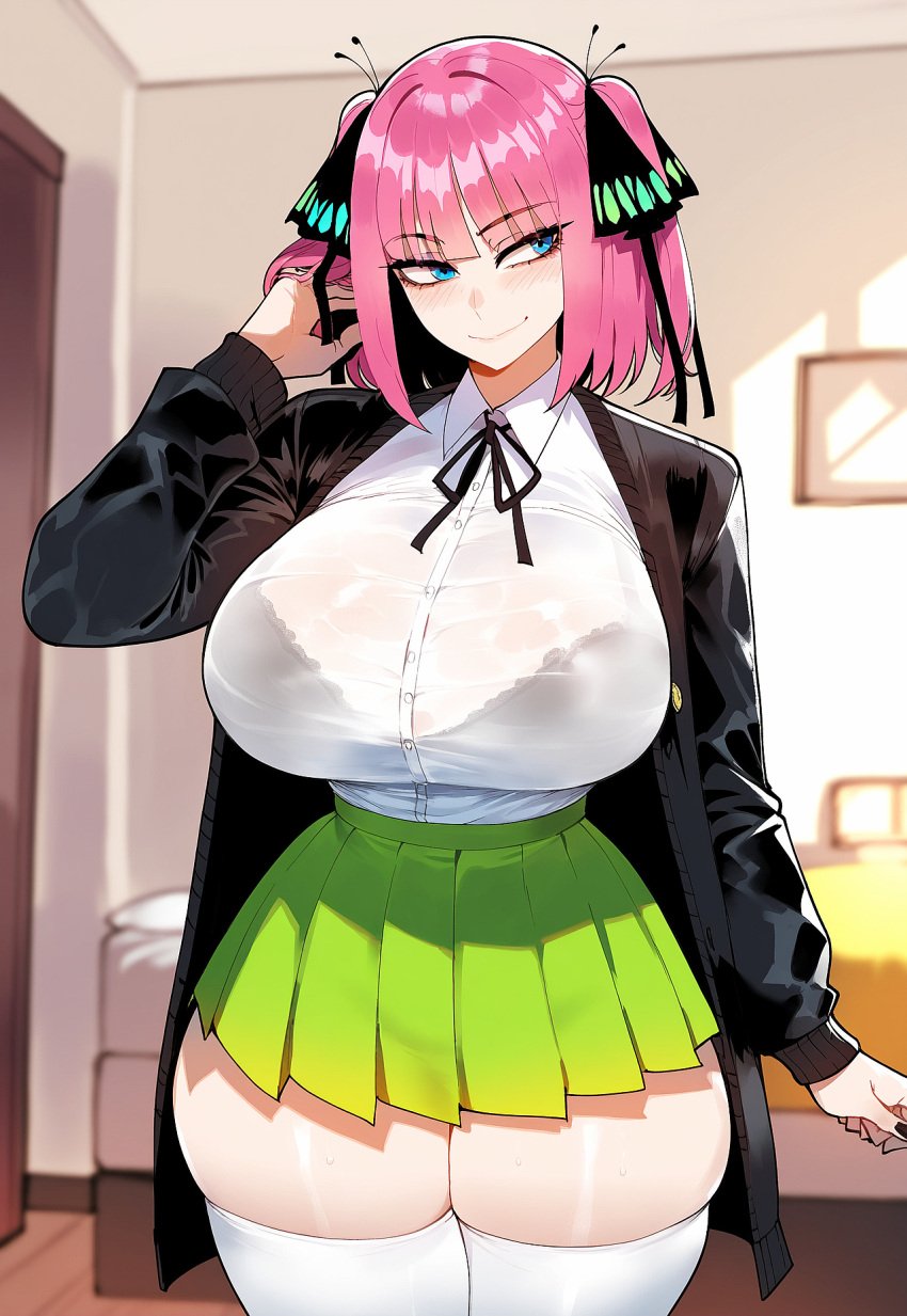 ai_generated artist_request blue_eyes blush breasts feet female go-toubun_no_hanayome huge_breasts juuicyai massive_ass massive_breasts nakano_nino pink_hair pov quintuplets sweat