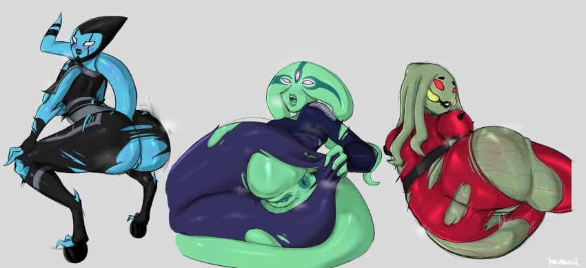 3girls alien alien_girl alien_only anus ass ben_10 ben_10_alien_force ben_10_omniverse big_ass big_butt blue_body blue_skin butt chimera_sui_generis female green_body green_skin helen_wheels hikinks kineceleran multiple_girls myaxx pink_eyes presenting_ass presenting_hindquarters pussy red_eyes ripped_clothes ripped_pants thick_ass twerking uxorite vagina xylene