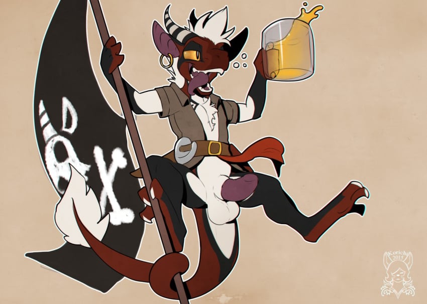 alcohol balls beer beverage bottomless clothed clothing drunk ear_piercing erection flag food half-dressed horn kobold korichi male male_only penis piercing razr_(character) solo spread_legs spreading