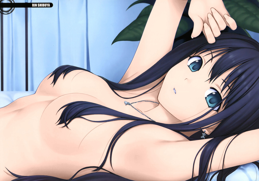 blue_eyes blue_hair breasts censored cleavage collarbone convenient_censoring female idolmaster idolmaster_cinderella_girls jewelry long_hair nude shibuya_rin straight_hair tanaka_shoutarou topless