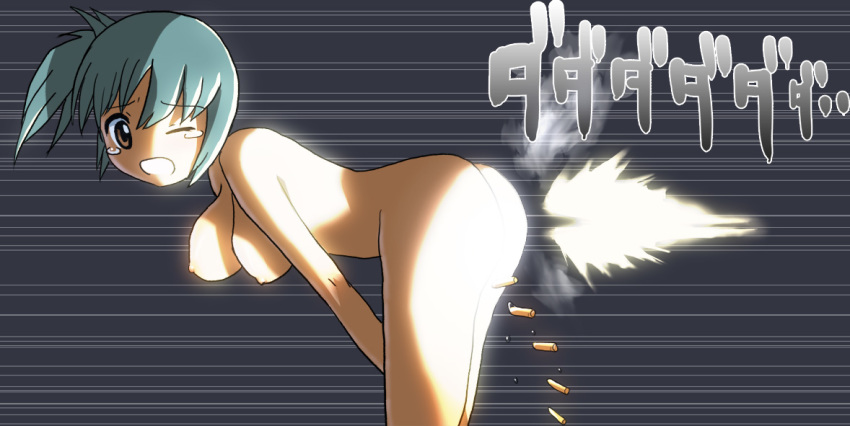 aqua_hair ass astro_boy bent_over borusen bouncing_breasts breasts brown_eyes character_request female hanging_breasts large_breasts looking_back nude open_mouth shell_casing solo tears weapon what wince