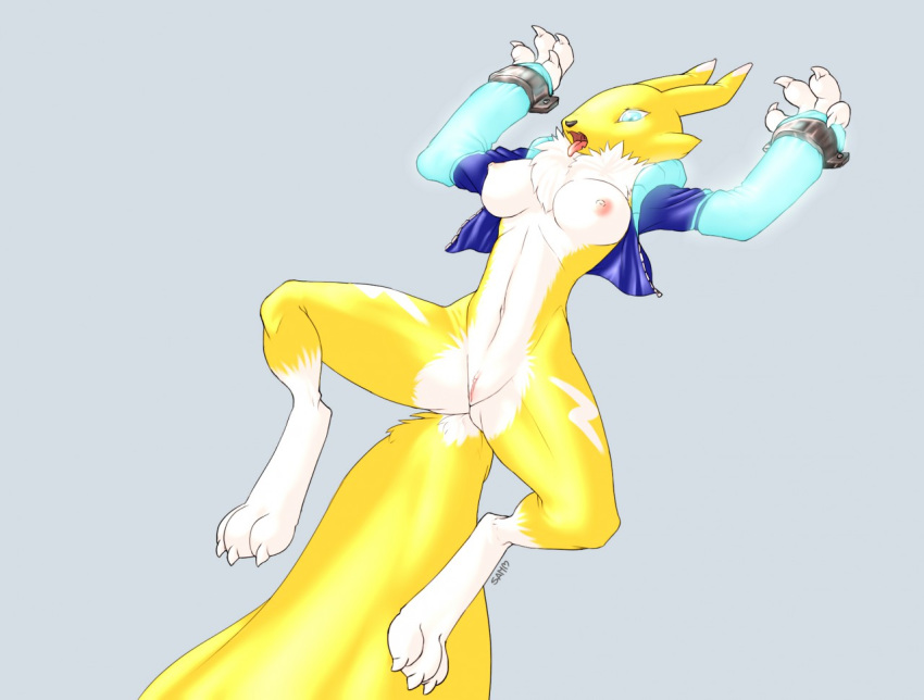 bondage bondage bound breasts clothed clothing digimon female glowing glowing_eyes half-dressed nipples open_mouth renamon solo thunder-renamon tongue tongue_out