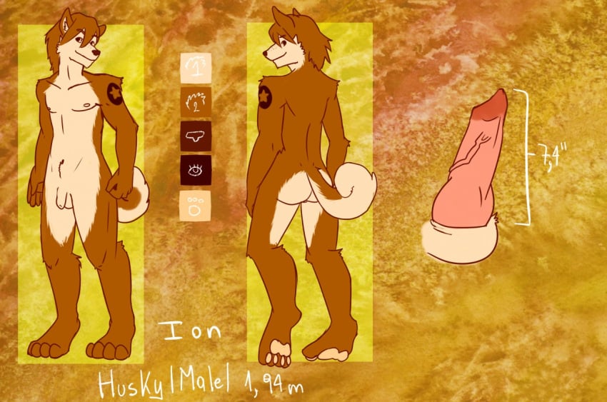 1boy 2015 4_toes animal_genitalia anthro ass barefoot brown_fur brown_hair canine canine_penis character_sheet english_text fan_character feet fur furry furry_only hair heel husky knot looking_at_viewer male male_only mammal model_sheet nipples nude original_character paw_pad pawpads paws penis sheath siriuswolfus smile soles solo star testicles text toes uncensored wolf