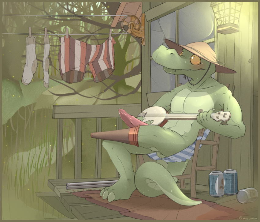 alcohol banjo beer beverage blush boxers casual clothesline crocodile crossed_legs detailed_background donkey_kong_(series) double-barreled_shotgun erection firearm food furry gun hat hollo_nut kremling lantern legwear male male_only musical_instrument nintendo nipples nude outside peg_leg penis precum ranged_weapon reptile scalie shotgun sitting socks solo striped_clothing swamp tapering_penis testicles underwear weapon window