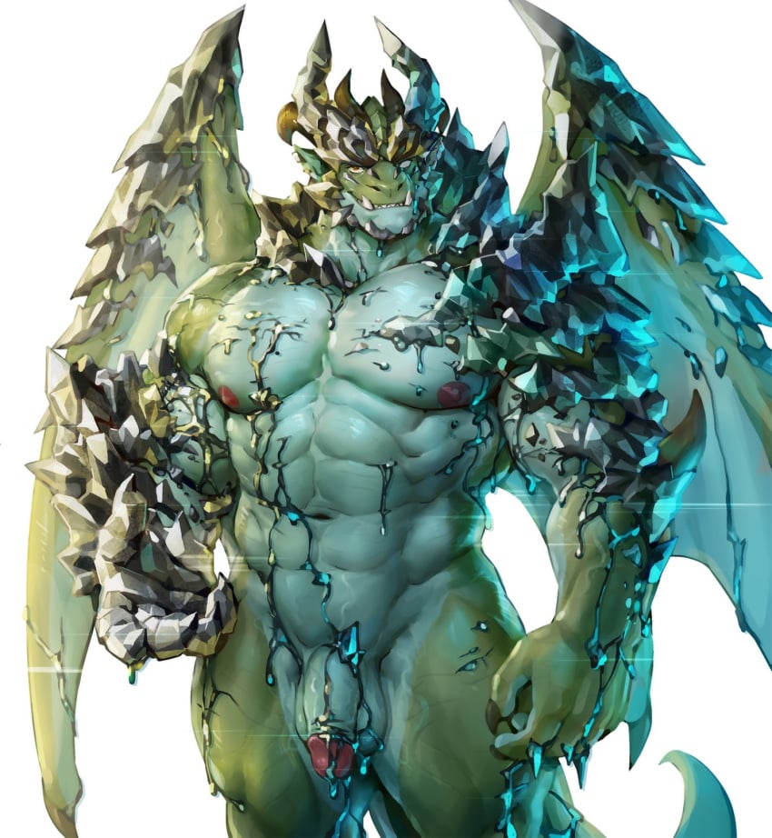 abs anthro balls biceps claws dragon flaccid green_scales horn humanoid_penis invalid_tag jacketbear lens_flare looking_at_viewer male male_only metal molten_metal muscular muscular_male navel nipples nude orange_eyes pecs penis scales smile solo standing tusks vein wet white_scales wings