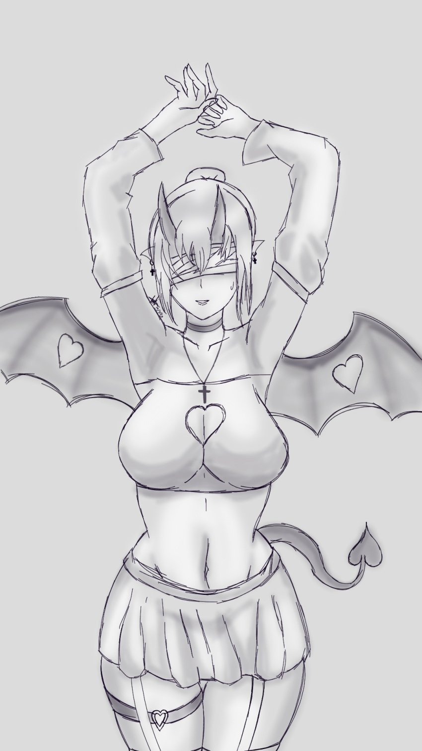 1girls armpits arms_up balanced_craft_wars bare_shoulders belly_button big_breasts blindfold boob_window breasts choker cleavage collar collarbone craftwars_knockoff crop_top cross_earrings cross_necklace demon_girl demon_horns demon_tail demon_wings digital_drawing_(artwork) digital_media_(artwork) earrings female female_focus female_only garter_straps greyscale hair horns hourglass_figure mature_female midriff monochrome necklace open_mouth ponytail presenting roblox roblox_avatar sketch skirt solo solo_female solo_focus source_request succubus supercoolusername_(roblox) thigh_strap thighhighs thighs wings zettai_ryouiki