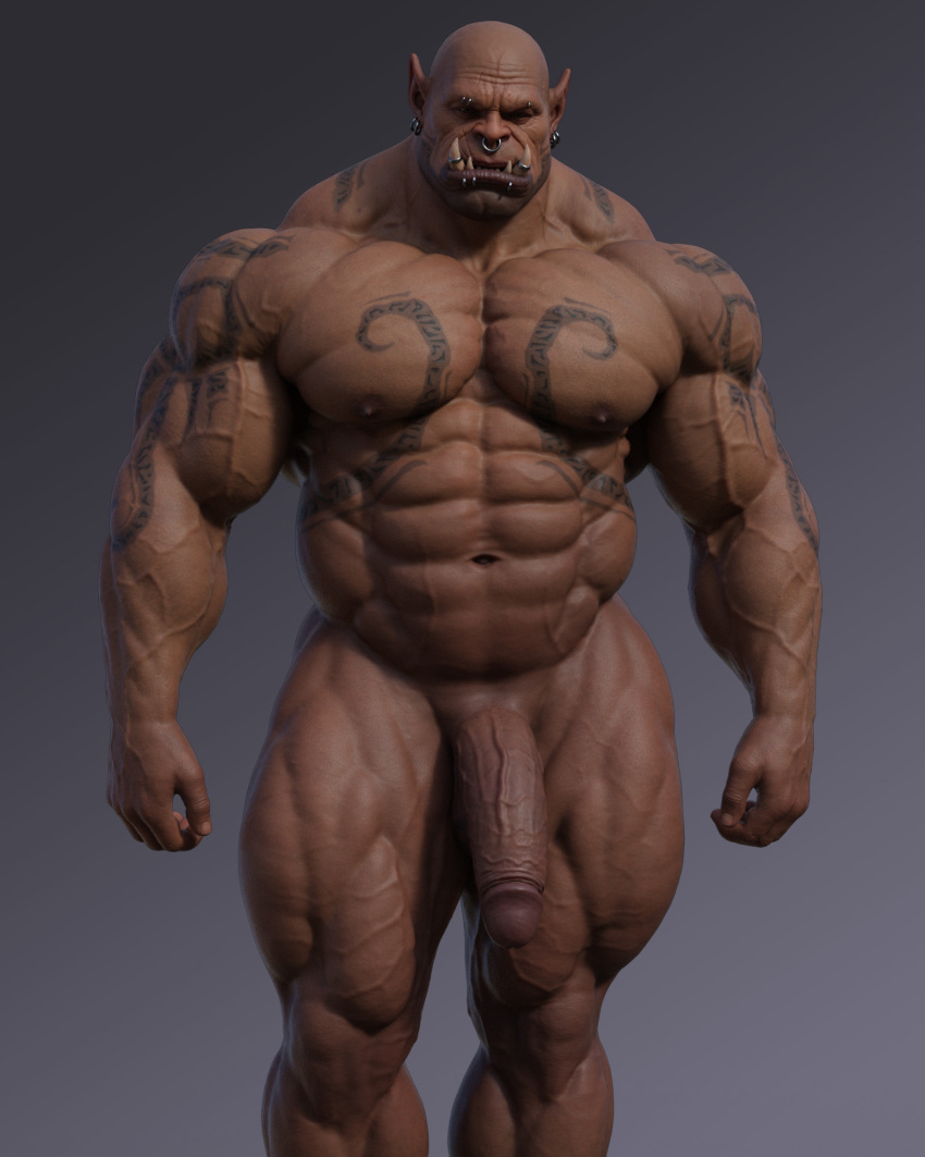 abs biceps blizzard_entertainment ear_piercing fangs garrosh_hellscream genitals geserty hi_res humanoid humanoid_pointy_ears male muscular muscular_humanoid muscular_male nipples not_furry orc orc_male pecs penis piercing solo tattoo teeth vein veiny_muscles veiny_penis warcraft