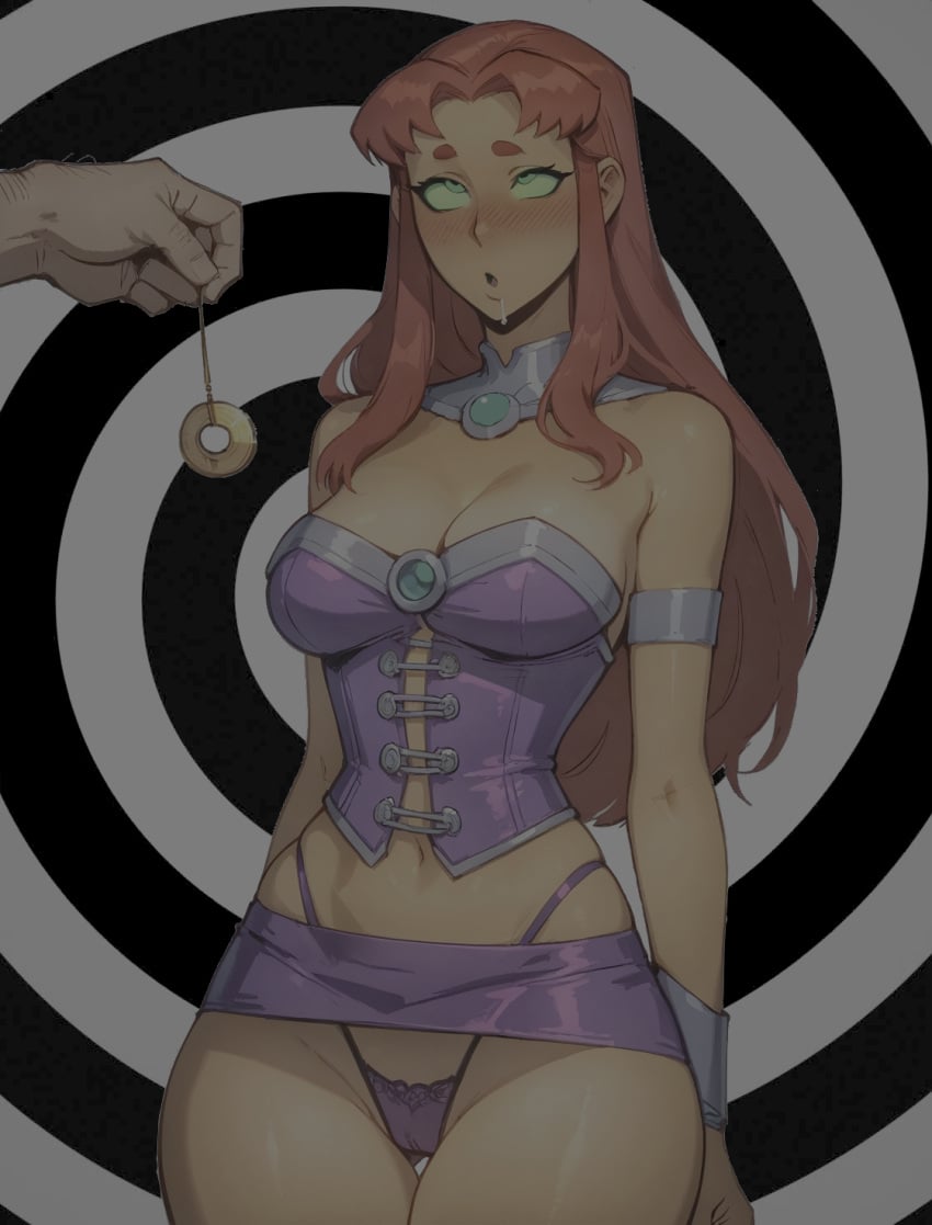 1boy 1girls ai_generated breasts cleavage dc drooling eyes_rolling_back female green_eyes hypnosis hypnotizing_background lingerie mind_control miniskirt orange_skin purple_clothing red_hair rolling_eyes saliva_string spiral starfire teen_titans thick_thighs thong wide_hips