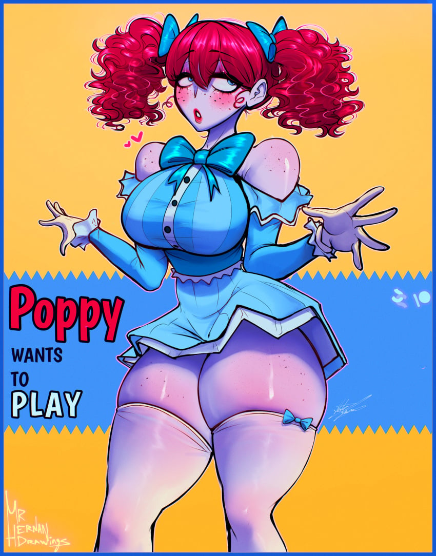 female good_artwork huge_breasts lipstick mrhernandrawings poppy_(poppy_playtime) poppy_playtime poster red_hair short_dress thick_thighs thighhighs thunder_thighs twintails yellow_background