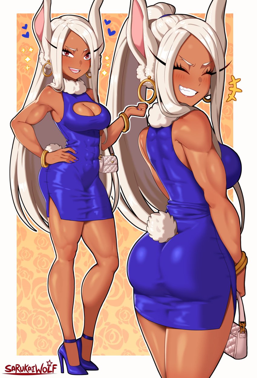 1girls artist_signature big_breasts boku_no_hero_academia boob_window bracelet bunny_ears bunny_girl bunny_tail busty cleavage cleavage_cutout curvy dark-skinned_female dark_skin dat_ass dress earrings front_and_back high_heels hoop_earrings legs long_eyelashes miruko multiple_poses muscular muscular_female my_hero_academia purse red_eyes rumi_usagiyama sarukaiwolf short_dress tight_clothing white_hair