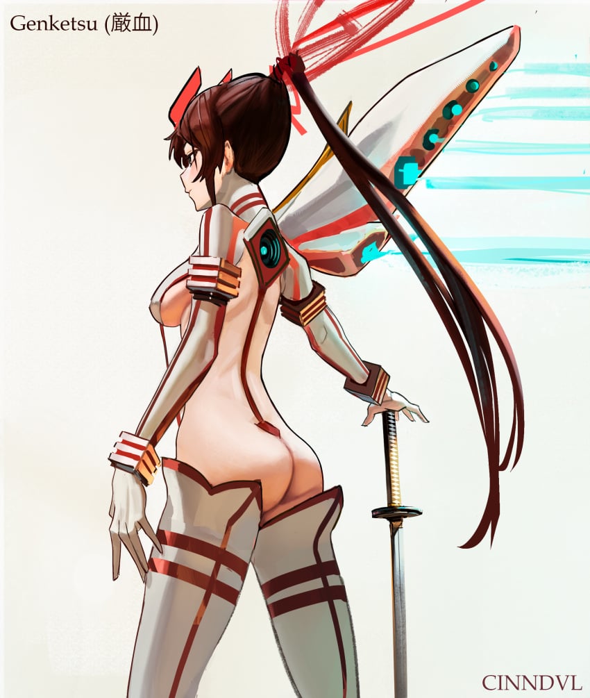 1girls ass bakuzan breast brown_hair cosplay crossover female female_only jigokuraku junketsu katana kill_la_kill kiryuuin_satsuki_(cosplay) ponytail senketsu slim_girl teenage_girl teenager yamada_asaemon_sagiri young_woman