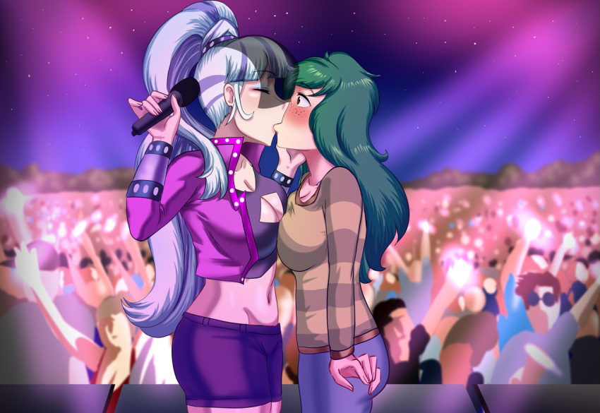 2girls blush boob_window breast_press cleavage cogbrony coloratura_(mlp) concert crowd crowd_watching equestria_girls female female/female female_focus femdom femsub girls kissing lesbian lesbian_kiss medium_breasts microphone midriff multicolored_hair my_little_pony outdoors singer stage thebrokencog wallflower_blush_(eg) watched yuri