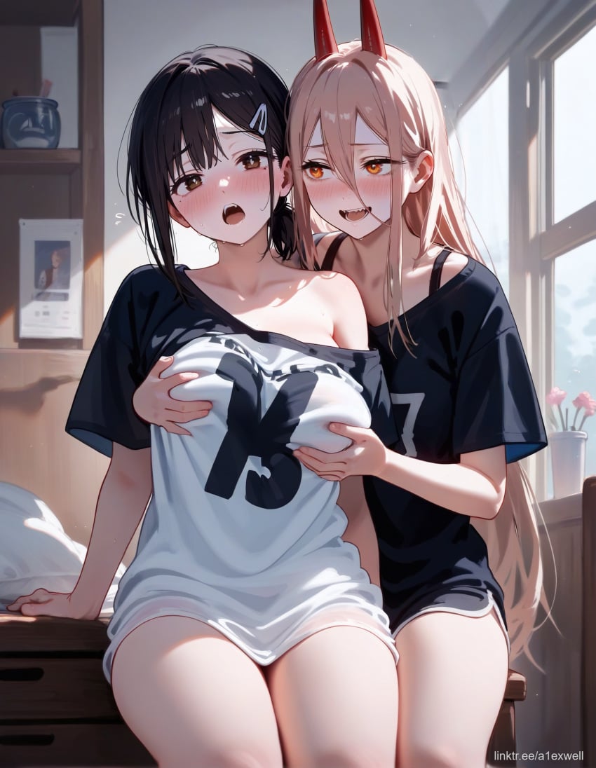 1girls 2girls a1exwell ai_generated bodsur chainsaw_man grabbing_breasts grabbing_from_behind higashiyama_kobeni off_shoulder oversized_clothes power_(chainsaw_man) sharp_teeth stable_diffusion t-shirt tshirt yuri