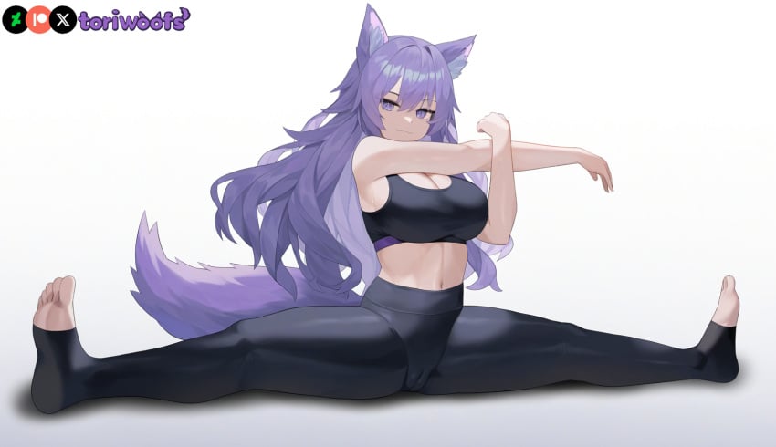 1girls ai_generated big_breasts bra breasts cameltoe curvy cute dog_ears dog_girl doggirl female female_only highres hips huge_boobs huge_breasts kemonomimi light_skin light_skinned_female long_hair patreon_username petgirl petite purple_ears purple_eyes purple_hair purple_tail splits sports_bra thick_thighs thighs tight_clothing tori toriwoofs watermark wavy_hair wide_hips wolf_ears yoga_pants