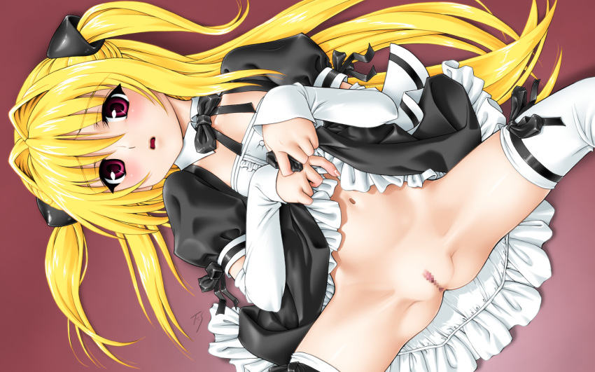 blush censored fuji_shinobu highres konjiki_no_yami long_hair navel pussy red_eyes spread_legs thighhighs to_love-ru wallpaper