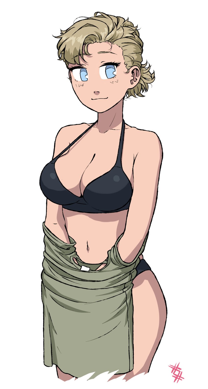 1girls big_breasts blonde_female blonde_hair blue_eyes female finland kaisa_taivaljarvi lingerie looking_to_the_side military military_uniform national_personification no_sex non_sexual ostwindprojekt_(artist) shirtless shirtless_female smile soldier solo underwear