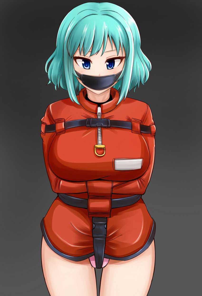 aqua_hair bad_id bad_pixiv_id belt blue_eyes bondage bound breasts commentary_request female gagged grey_background highres large_breasts original panel_gag panties photoshop_(medium) pink_panties rebake rebake-1453 short_hair straitjacket underwear zipper