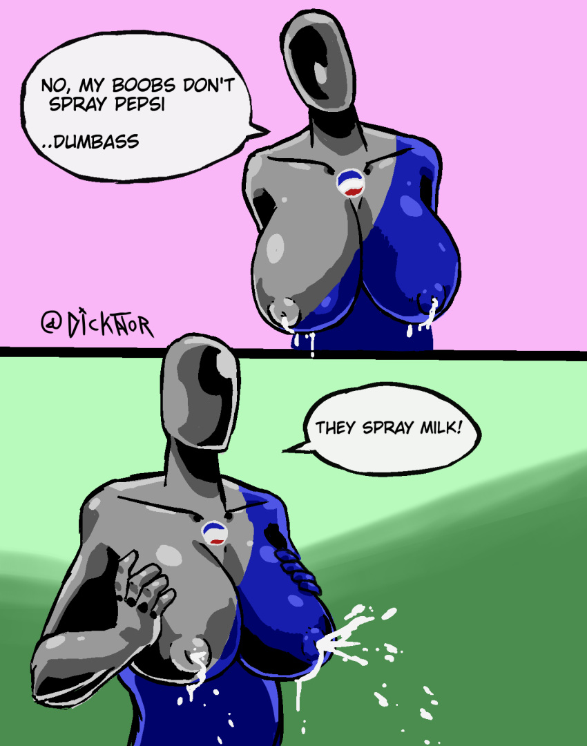 big_breasts big_nipples breast_grab breast_press breast_squeeze breast_squish breasts breasts_bigger_than_head collarbone comic comic_page dicktator66 faceless faceless_character faceless_female lactating lactation large_breasts milk_squirt milking nipples pepsi pepsiwoman puffy_nipples shiny shiny_breasts shiny_skin soda speech_bubble spraying_milk text text_bubble