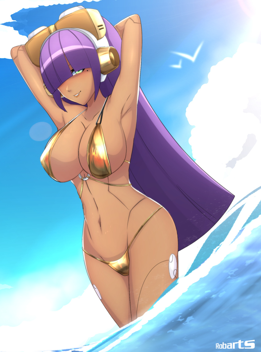 android breasts cleavage dark-skinned_female golden_bikini golden_week layer long_hair mega_man mega_man_x navel purple robarts_hallway robot robot_girl