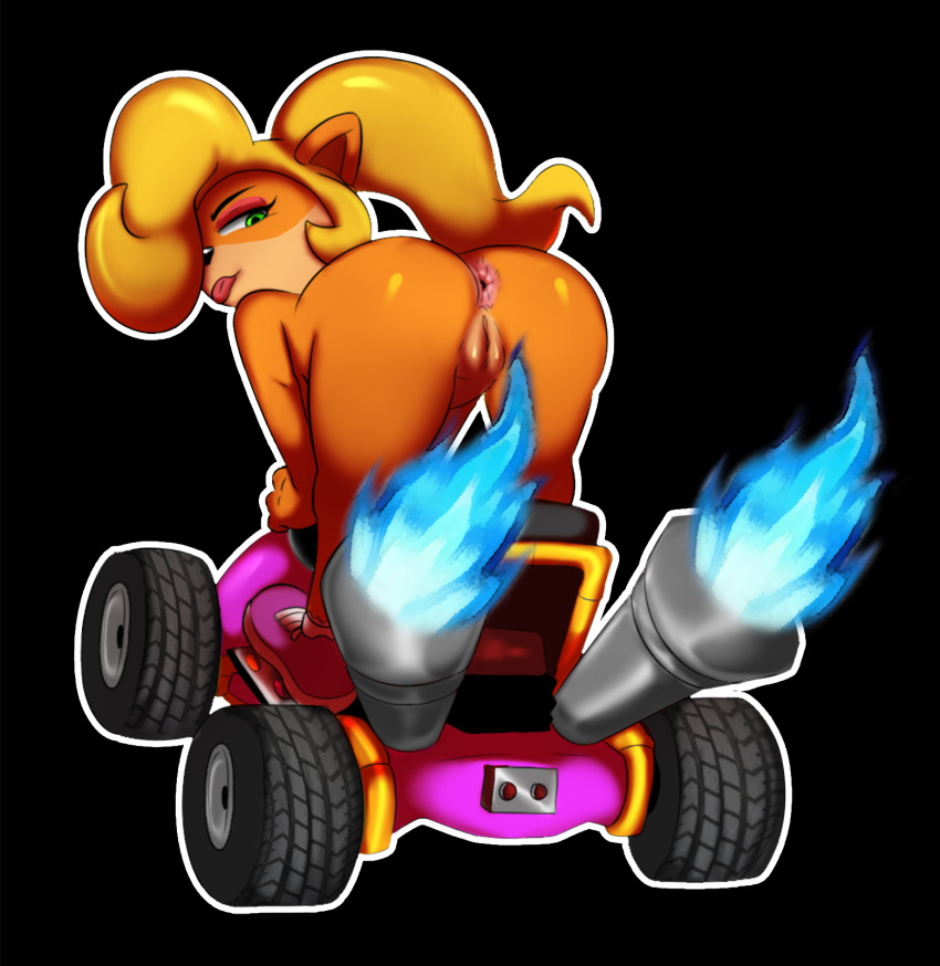 2024 activision ass bandicoot casual coco_bandicoot colored crash_(series) crash_team_racing_(series) female fire genitals hi_res kart looking_at_viewer mammal marsupial midair nude oddrich pussy racing scrabble007 smile spread_legs spreading third-party_edit vehicle