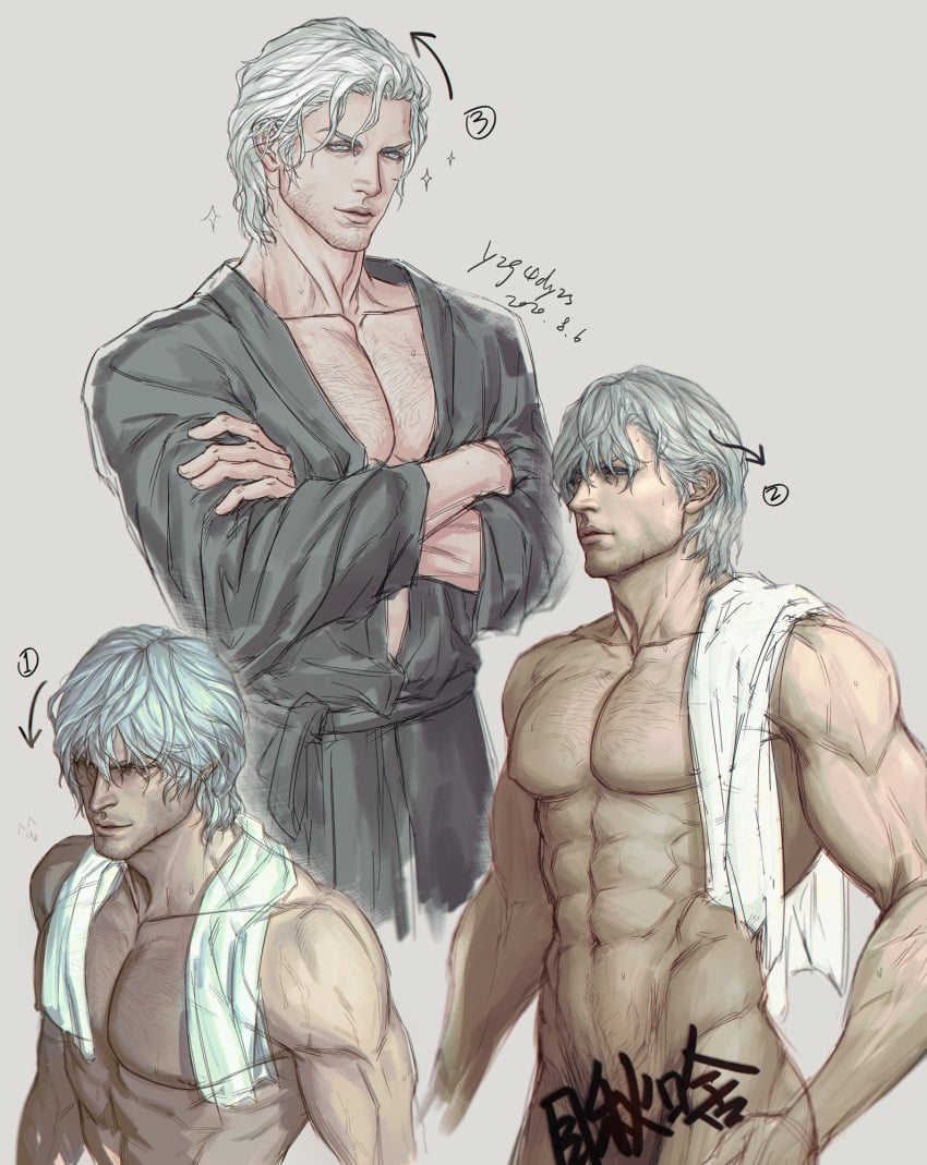 abs after_shower bara bare_pectorals blue_eyes collarbone dante devil_may_cry devil_may_cry_4 devil_may_cry_5 dilf eyelashes facial_hair jawline large_pectorals long_hair long_hair_male looking_at_viewer male_only manly mature_male multiple_views muscular naked naked_male navel nipples pecs pectorals pretty_boy realistic realistic_anatomy realistic_style simple_background smile solo_male standing toned toned_male topless topless_male upper_body wet wet_body wet_hair white_hair