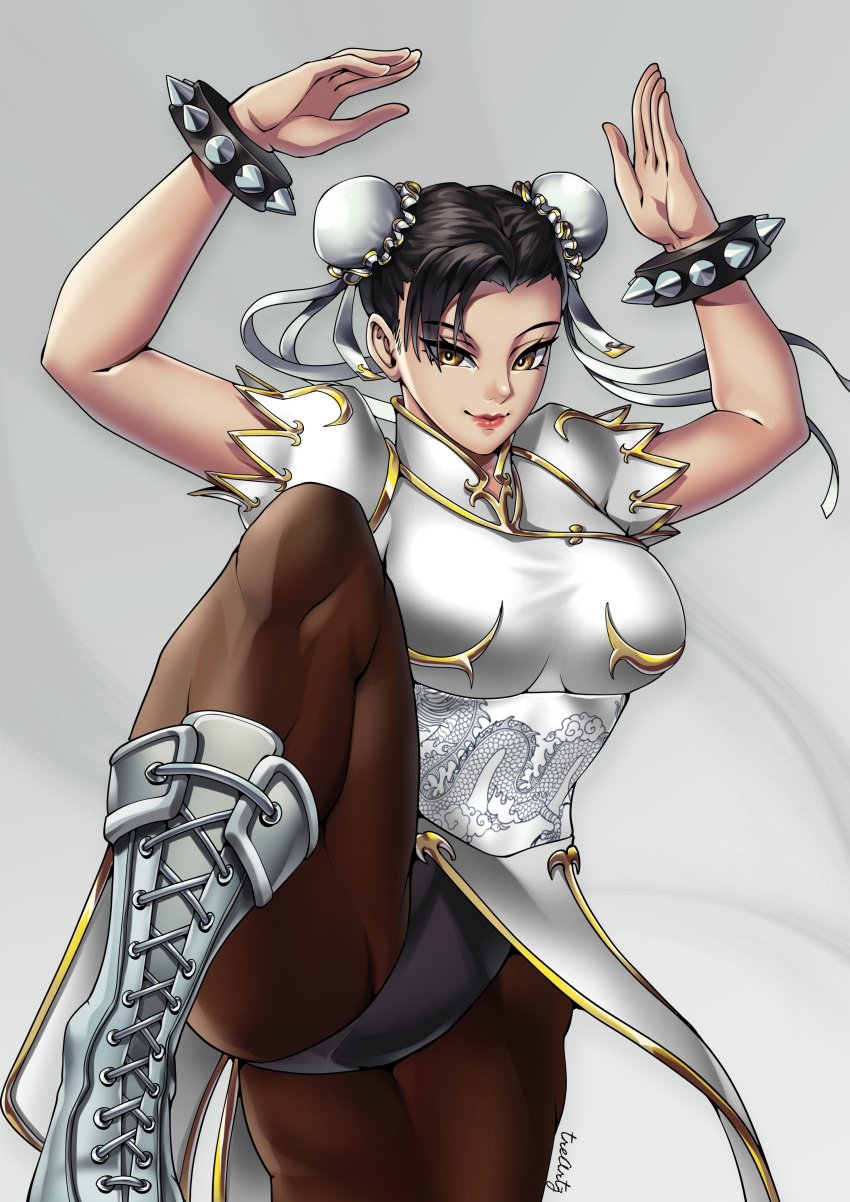 1girls alternate_version asian asian_female bangs black_hair boots bracelet brown_eyes capcom chun-li double_bun hands_above_head kicking light-skinned_female light_skin muscular_thighs pantyhose spiked_bracelet street_fighter thighs thotlerrr tights treartz white_outfit