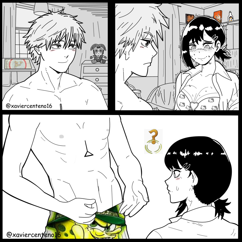 1boy 1girls before_sex blush bobcholo boxers boxers_(clothing) bra breasts chainsaw_man comic denji_(chainsaw_man) gangster_spongebob hello_kitty hello_kitty_(character) hello_kitty_(series) higashiyama_kobeni kitty_white meme meme_attire monochrome nickelodeon nipples pomni pomni_(the_amazing_digital_circus) sanrio smile spongebob_squarepants spongebob_squarepants_(character) spongebob_squarepants_(series) sweatdrop the_amazing_digital_circus topless topless_male underwear xaviercenteno16