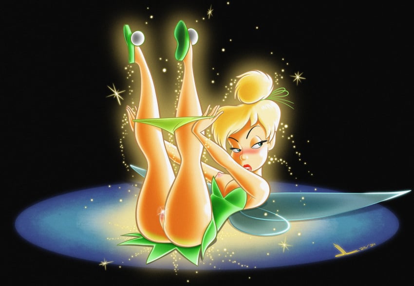 1girls artist_logo ass bare_arms bare_legs bare_shoulders bedroom_eyes black_background blonde_hair blue_eyes blush breasts bun caucasian dated disney dltoon dress dress_pull eyebrows eyelashes eyelids fairy fairy_dust fairy_wings female film_grain flats glowing green_dress green_shoes hair_tie hairless_pussy half-closed_eyes insect_wings legs legs_up light lips lipstick looking_to_the_side nipples on_back open_mouth panties panties_down pixie_dust pussy red_lipstick seductive shoes short_dress sparkles strapless_dress thighs tinker_bell undressing upskirt wings