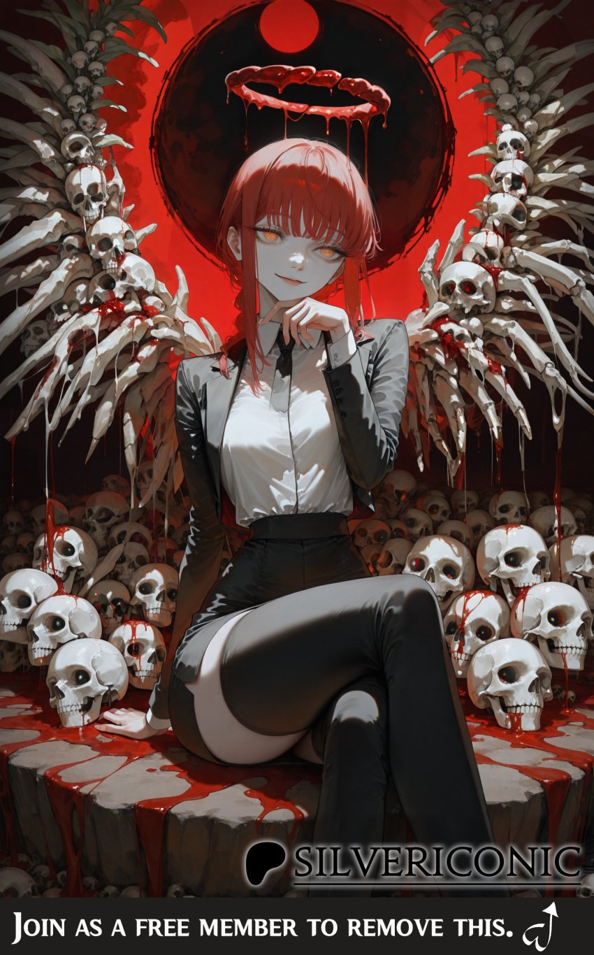 , ai_generated arm_support black_stockings black_suit blood blood_drip chainsaw_man crossed_legs halo hand_on_chin icosilveraiart makima_(chainsaw_man) self_upload sfw_version sitting smile smiling suit tagme text tight_clothing tight_skirt zettai_ryouiki