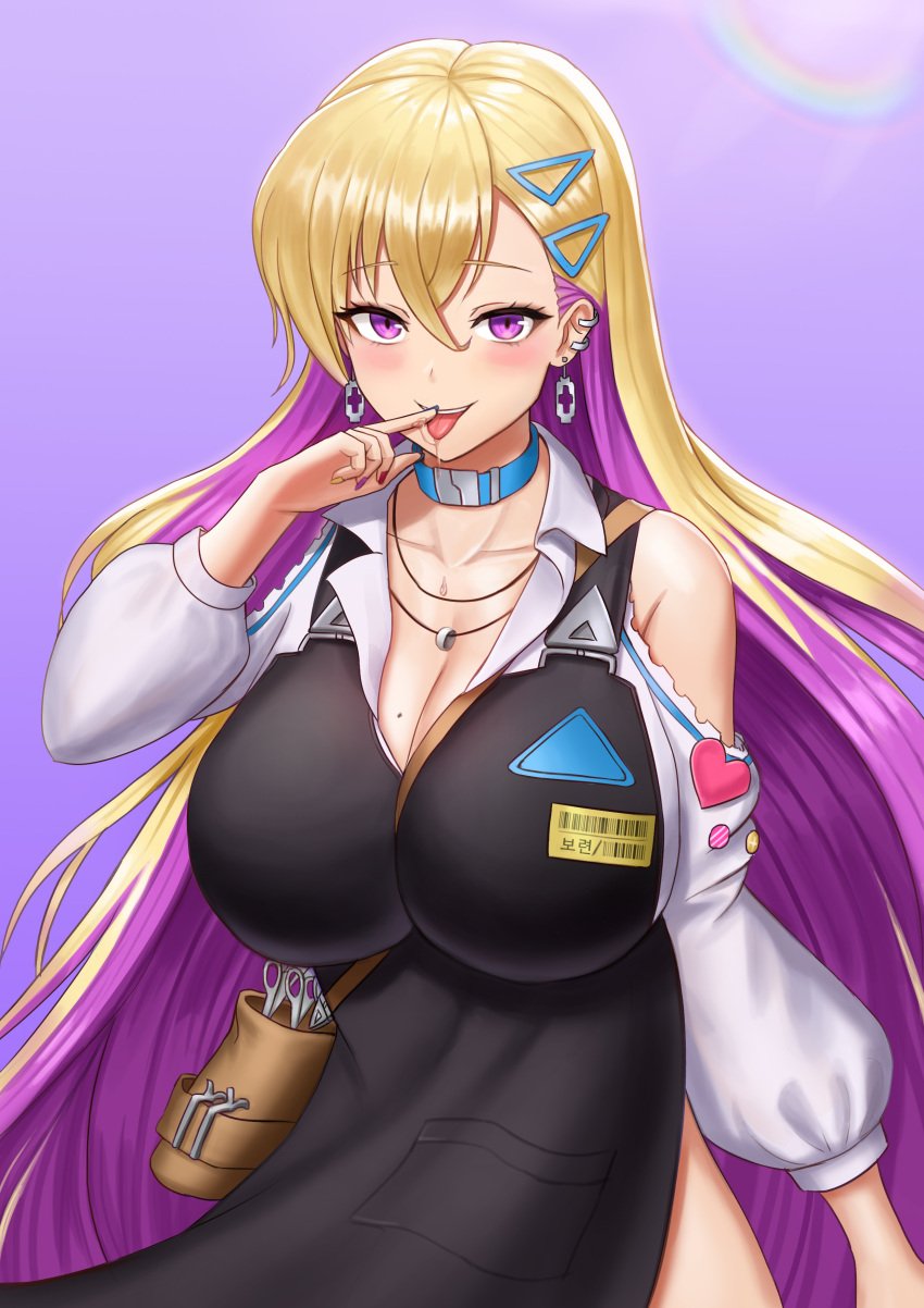 :p absurdres apron bad_id bad_pixiv_id barcode blonde_hair blue_choker boryeon_(last_origin) breasts choker cleavage colored_inner_hair commentary_request crossed_bangs ear_piercing earrings female gyaru highres huge_breasts jewelry kogal korean_commentary last_origin leaping_(fle8410) long_hair looking_at_viewer mole mole_on_breast multicolored_hair name_tag necklace open_mouth piercing purple_eyes purple_hair razor_blade ring ring_necklace saliva school_uniform smile solo teeth tongue tongue_out triangle_hair_ornament upper_teeth_only very_long_hair