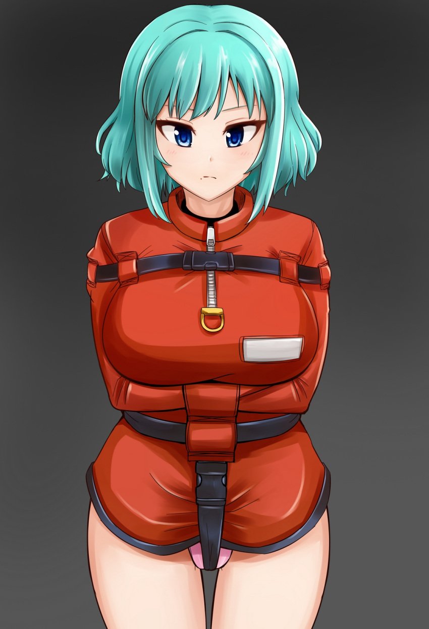 aqua_hair bad_id bad_pixiv_id belt blue_eyes bondage bondage bound breasts commentary_request female frown grey_background highres large_breasts original panties photoshop_(medium) pink_panties rebake rebake-1453 short_hair straitjacket underwear zipper