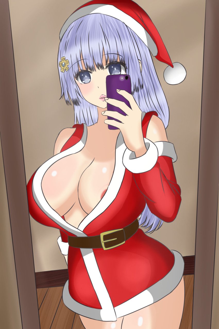 2d 2d_(artwork) big_breasts breasts christmas_outfit cleavage date_a_live exposed_breasts female female_only flinsnok grey_eyes grey_hair izayoi_miku light-skinned_female long_hair nipple_slip no_bra open_clothes open_shirt santa_costume santa_hat solo solo_female thighs