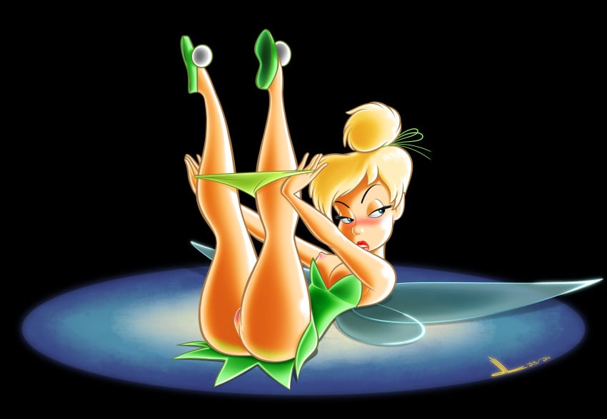 1girls artist_logo ass bare_arms bare_legs bare_shoulders bedroom_eyes black_background blonde_hair blue_eyes blush breasts bun caucasian dated disney dltoon dress dress_pull eyebrows eyelashes eyelids fairy fairy_wings female flats green_dress green_shoes hair_tie hairless_pussy half-closed_eyes insect_wings legs legs_up light lips lipstick looking_to_the_side nipples on_back open_mouth panties panties_down pussy red_lipstick seductive shoes short_dress strapless_dress thighs tinker_bell undressing upskirt wings