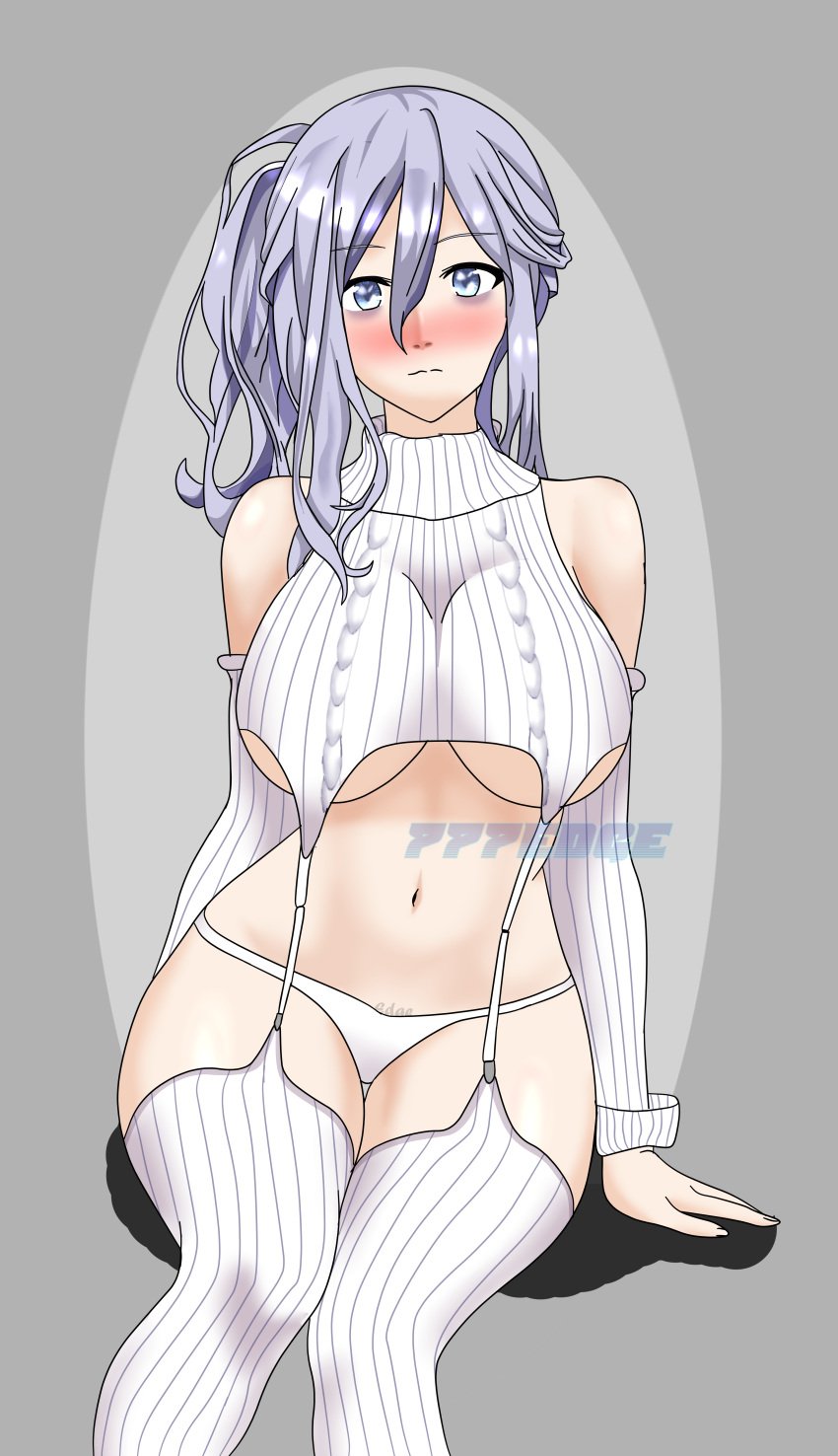 777edge belly belly_button blue_eyes blush breasts date_a_live female female_only grey_hair light-skinned_female lingerie long_hair murasame_reine solo solo_female virgin_destroyer_sweater virgin_killer_sweater