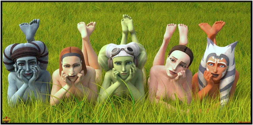 3d 3d_(artwork) 5girls aayla_secura accurate_art_style ahsoka_tano alien alien_girl alien_humanoid barefoot blue_body blue_eyes blue_skin bo-katan_kryze clone_wars color feet feet_up female female_only field foot_focus front_view grass green_body green_skin group hera_syndulla horn human humanoid legs_up lekku_grab lips lying lying_on_stomach mammal mandalorian medium_breasts multiple_girls nude official_style on_ground orange_body orange_skin outdoor_nudity outside padme_amidala pinup plant pose skinny snafusevsix soles star_wars star_wars_rebels tentacle_hair the_pose toes togruta twi'lek