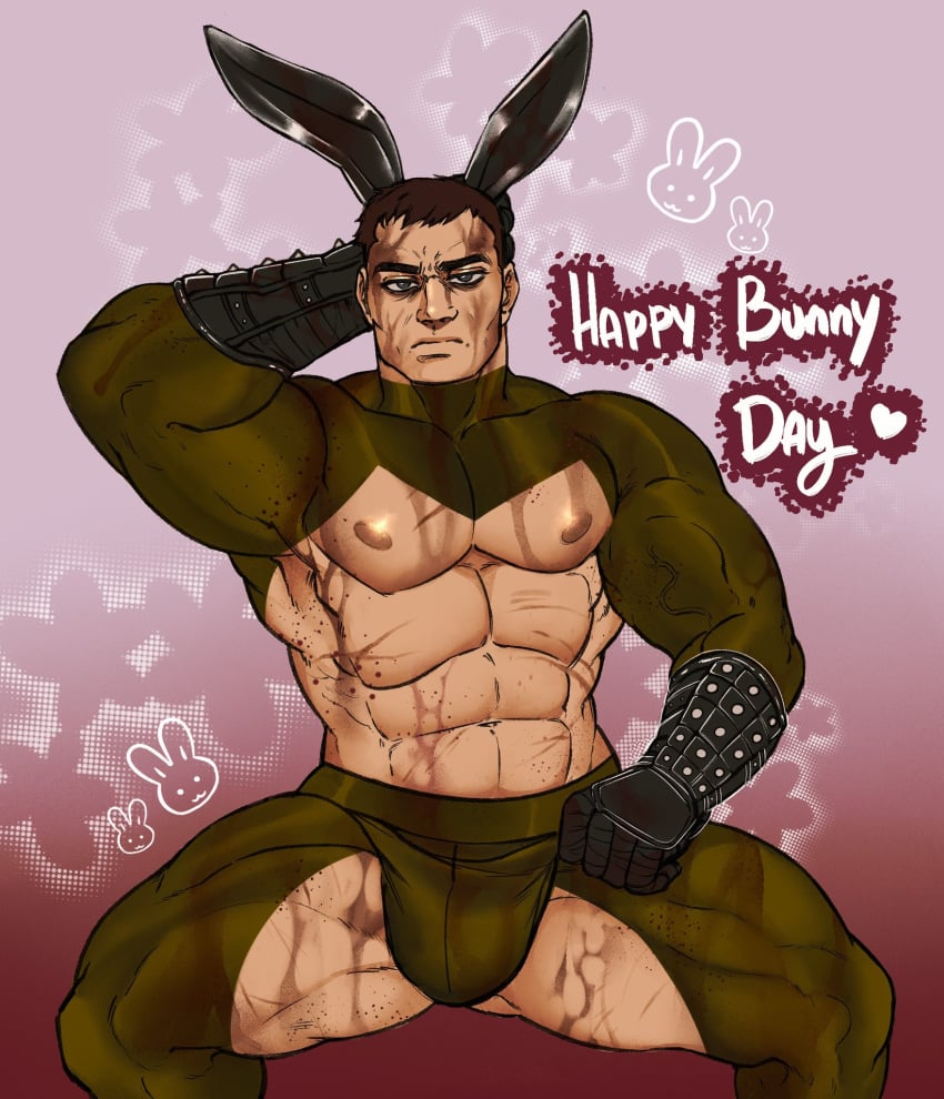 1boy bara barazoku bunny_ears doom doom_(series) doom_slayer_(doom) doomguy looking_at_viewer majormelon1 male_only no_nude pecs pinup suggestive