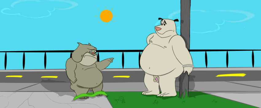 2boys anthro bicker bicker_(hoze_houndz) bulldog canid canine canis clothing clothing_around_legs cuff_(restraint) dbulljob dbulljob05 domestic_dog duo genitals handcuffed handcuffed_to_pole handcuffs hi_res hoze_houndz humiliation male male/male male_only mammal mastiff metal_cuffs molosser nude penis penis_humiliation public public_nudity restraints small_penis small_penis_humiliation steamer_(hoze_houndz) swimming_trunks swimwear wardrobe_malfunction