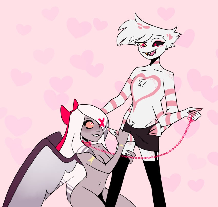 1boy 1boy1girl 1girls angel_dust_(hazbin_hotel) blush blushing breasts chain cleavage collar demon erect_penis erection fallen_angel female femsub grey-skinned_female grey_skin hair_accessory hair_bow hair_over_one_eye handjob hazbin_hotel heterochromia long_hair male male/female male_dominating male_dominating_female maledom moth_girl navel nude penis pink_markings self_upload sharp_teeth smile smiling spider_humanoid spidermoth straight tagme vaggie_(hazbin_hotel) white_fur white_hair wings xeebar