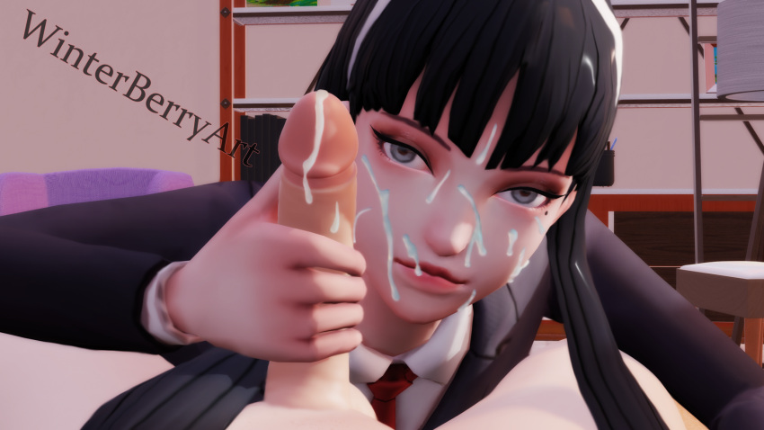 1girls 3d black_hair cum cum_on_face cum_on_forehead cum_on_mouth cum_on_penis dick female_focus grey_eyes hairband holding_penis long_hair looking_at_viewer mole_under_eye school_uniform tomie watermark winterberryart