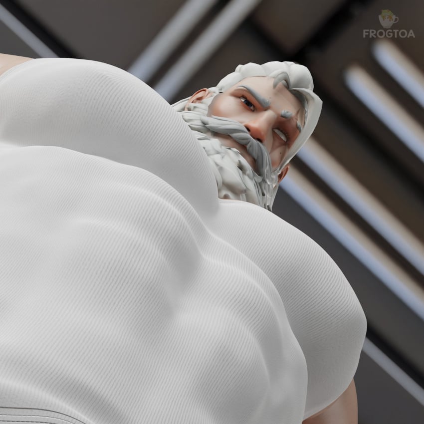 3d 3d_(artwork) 3d_model bara bara_tiddies bara_tits blizzard_entertainment frogtoa male male_focus male_only mature_male muscular older_male overwatch overwatch_2 reinhardt solo solo_focus solo_male white_hair