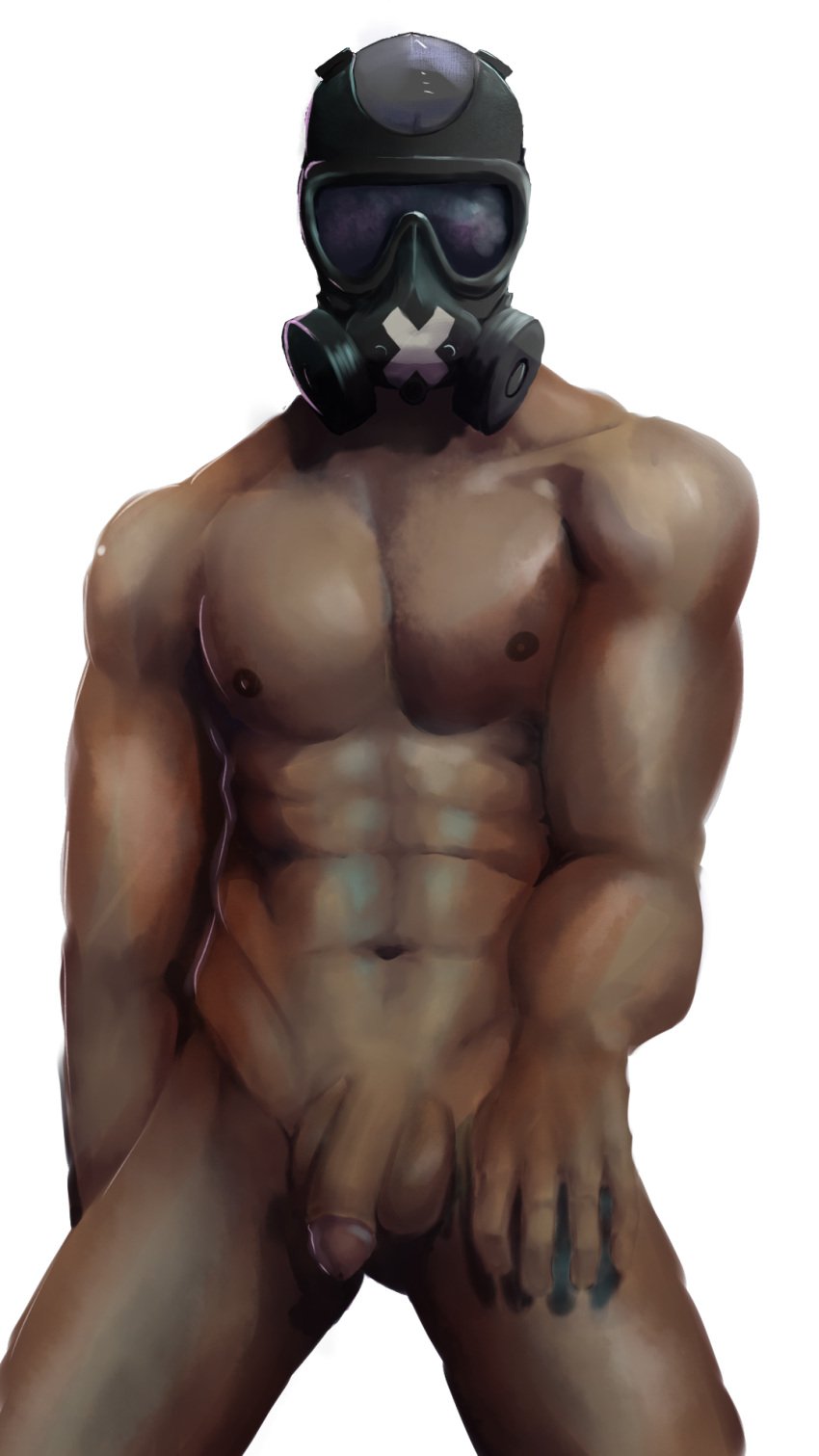 1boy 3d_(artwork) brown_skin flaccid gas_mask helmet helmet_only male male_only mask mask_only masked masked_male muscular muscular_male mute_(rainbow_six) posing rainbow_six_siege solo solo_male white_background